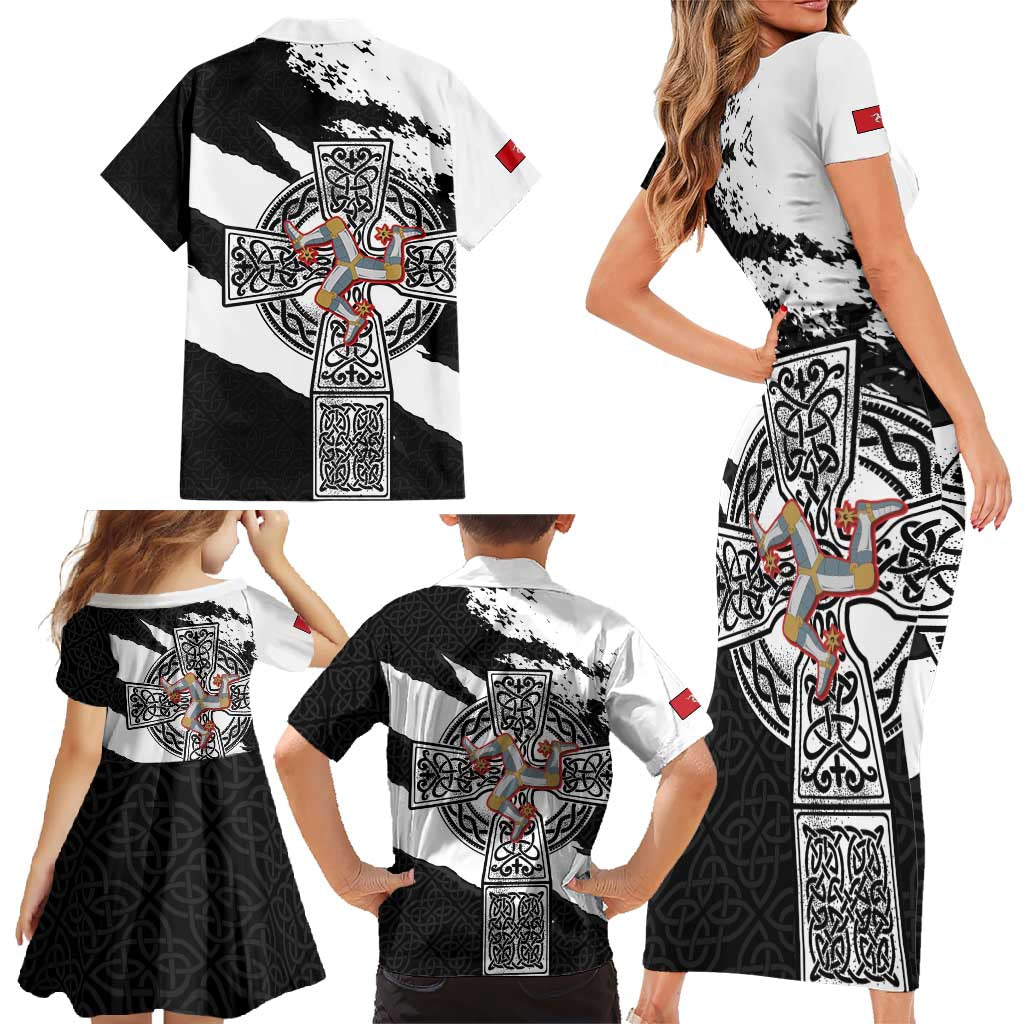 Isle of Man Celtic Cross Family Matching Short Sleeve Bodycon Dress and Hawaiian Shirt Triskelion Emblem - Wonder Print Shop