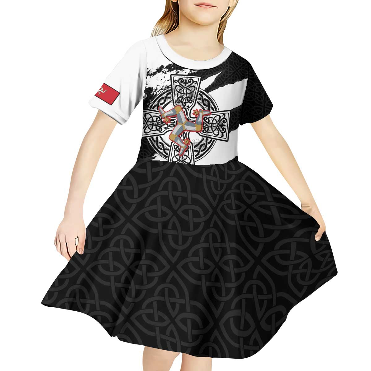 Isle of Man Celtic Cross Kid Short Sleeve Dress Triskelion Emblem - Wonder Print Shop