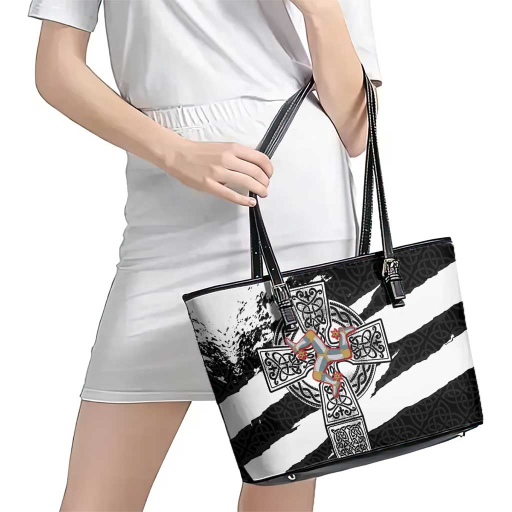 Isle of Man Celtic Cross Leather Tote Bag Triskelion Emblem - Wonder Print Shop