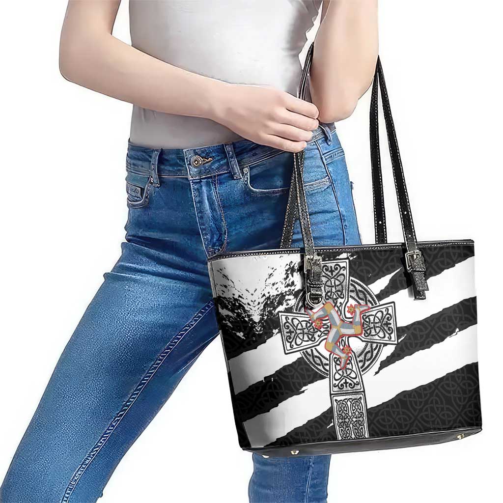 Isle of Man Celtic Cross Leather Tote Bag Triskelion Emblem - Wonder Print Shop