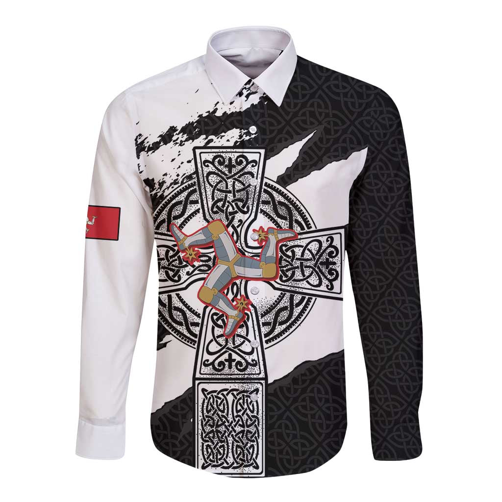 Isle of Man Celtic Cross Long Sleeve Button Shirt Triskelion Emblem - Wonder Print Shop