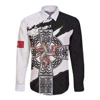 Isle of Man Celtic Cross Long Sleeve Button Shirt Triskelion Emblem - Wonder Print Shop