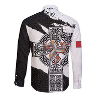 Isle of Man Celtic Cross Long Sleeve Button Shirt Triskelion Emblem - Wonder Print Shop