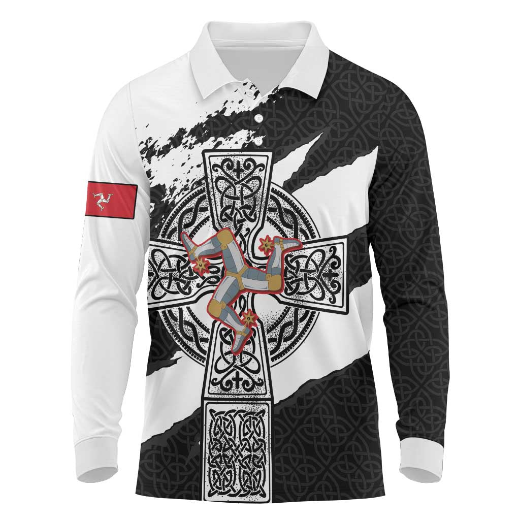 Isle of Man Celtic Cross Long Sleeve Polo Shirt Triskelion Emblem - Wonder Print Shop
