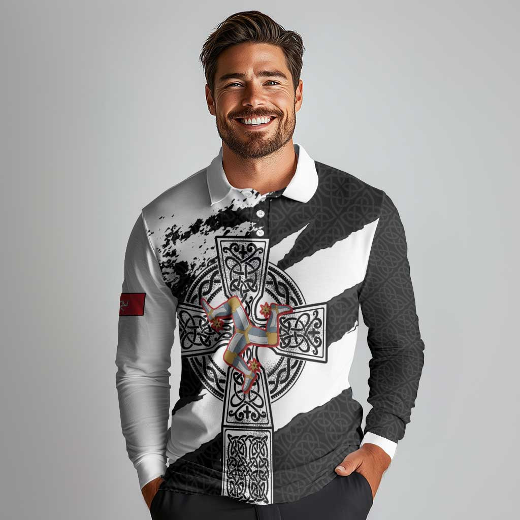 Isle of Man Celtic Cross Long Sleeve Polo Shirt Triskelion Emblem - Wonder Print Shop