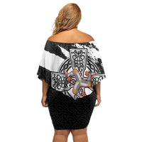 Isle of Man Celtic Cross Off Shoulder Short Dress Triskelion Emblem - Wonder Print Shop
