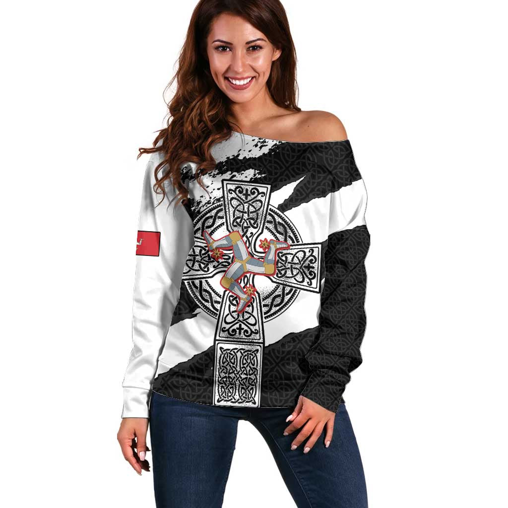 Isle of Man Celtic Cross Off Shoulder Sweater Triskelion Emblem - Wonder Print Shop