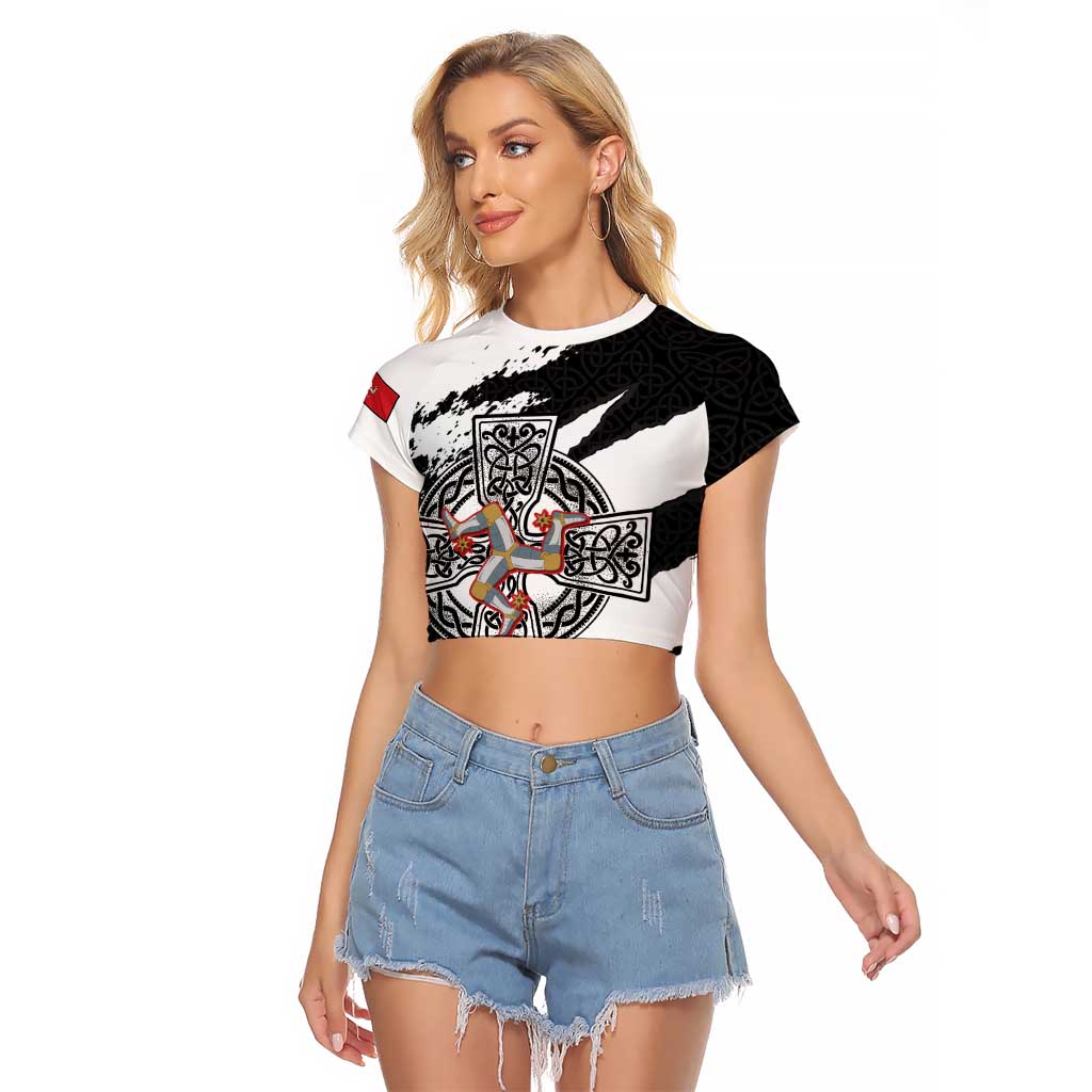 Isle of Man Celtic Cross Raglan Cropped T Shirt Triskelion Emblem - Wonder Print Shop