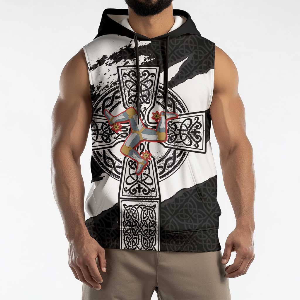 Isle of Man Celtic Cross Sleeveless Hoodie Triskelion Emblem - Wonder Print Shop