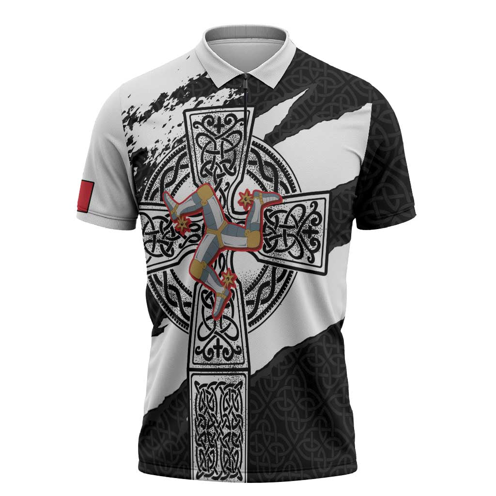 Isle of Man Celtic Cross Zipper Polo Shirt Triskelion Emblem - Wonder Print Shop