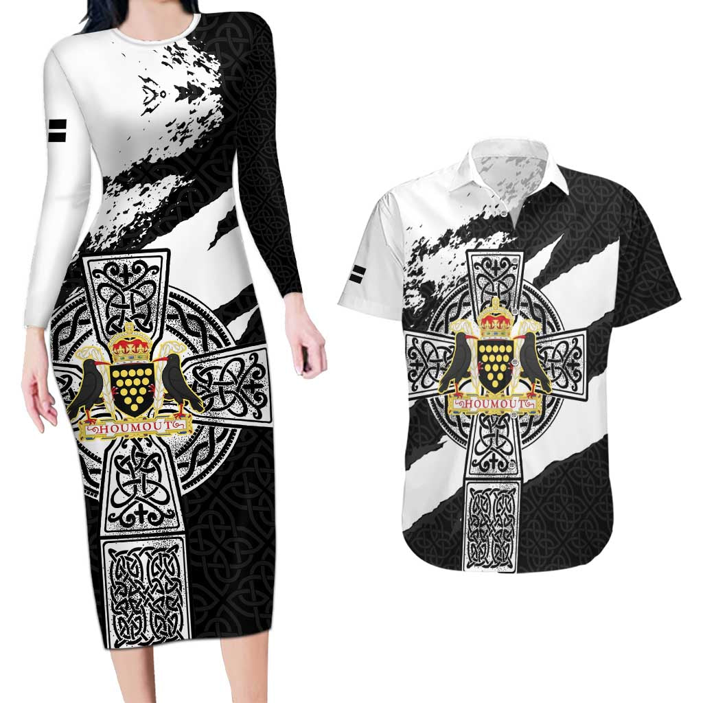 Cornwall Celtic Cross Couples Matching Long Sleeve Bodycon Dress and Hawaiian Shirt Coat Of Arms - Wonder Print Shop