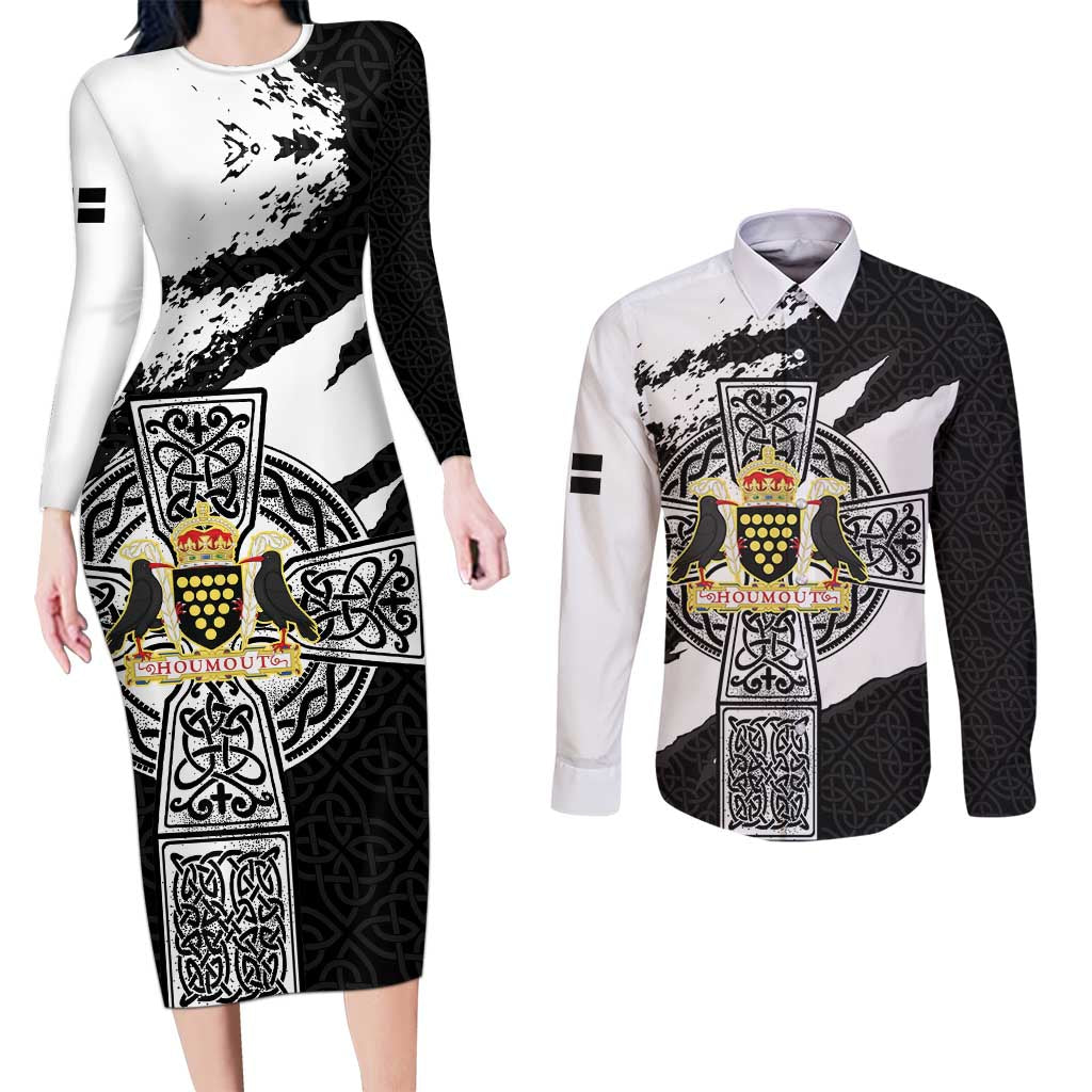 Cornwall Celtic Cross Couples Matching Long Sleeve Bodycon Dress and Long Sleeve Button Shirt Coat Of Arms - Wonder Print Shop