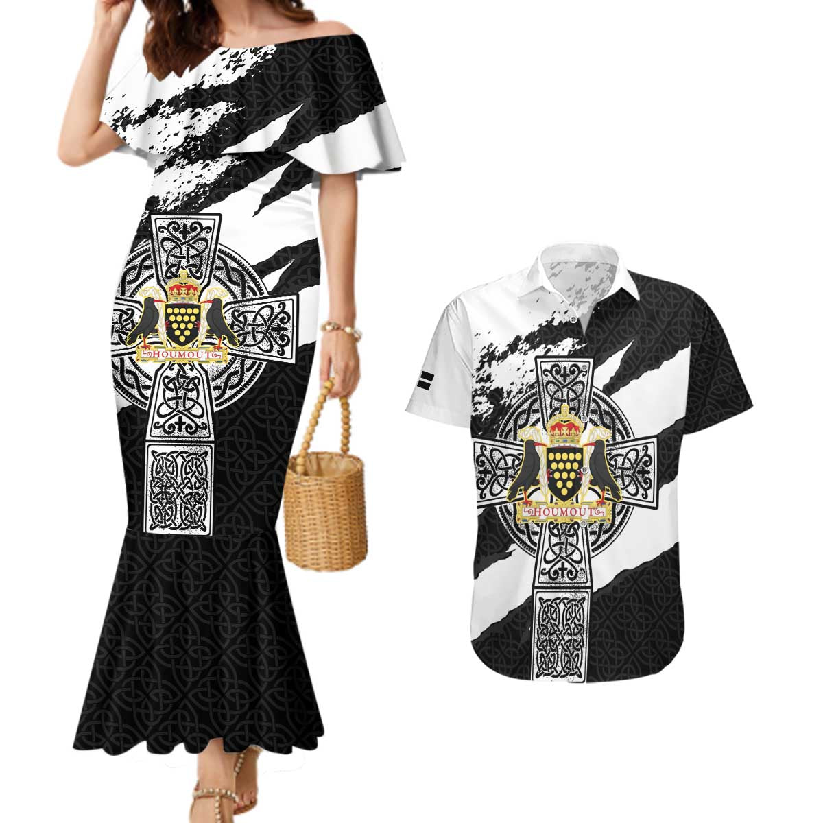 Cornwall Celtic Cross Couples Matching Mermaid Dress and Hawaiian Shirt Coat Of Arms - Wonder Print Shop