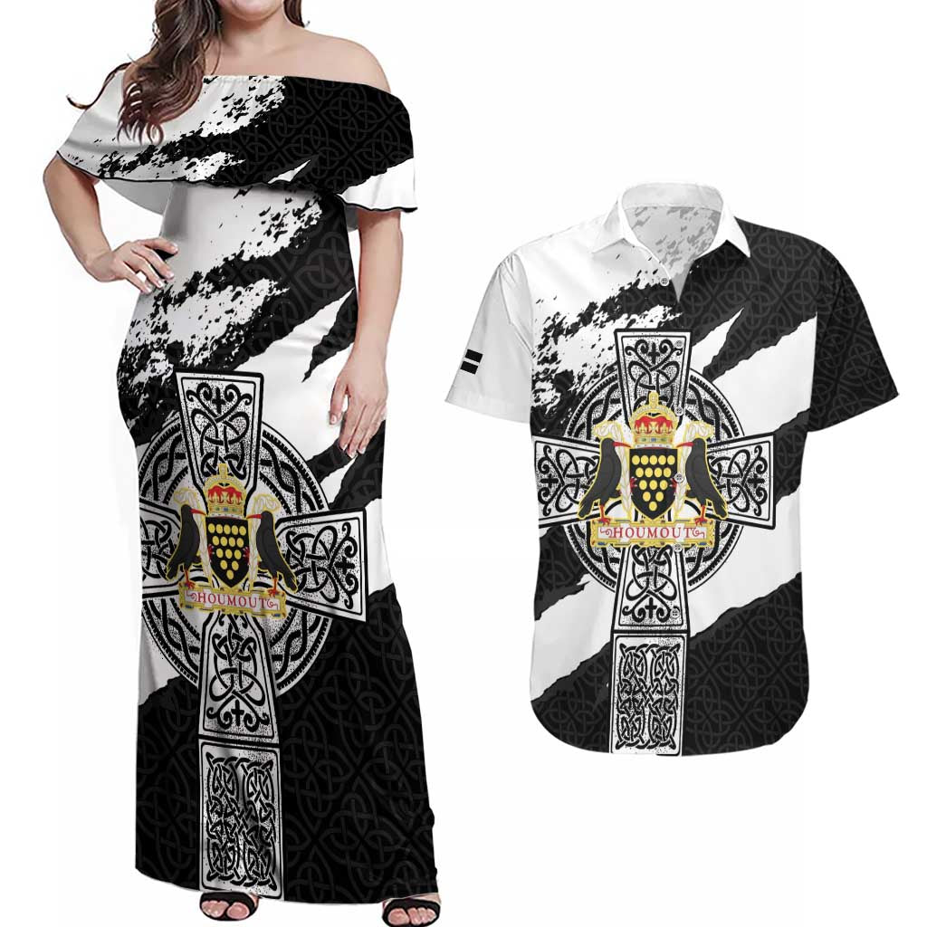 Cornwall Celtic Cross Couples Matching Off Shoulder Maxi Dress and Hawaiian Shirt Coat Of Arms - Wonder Print Shop