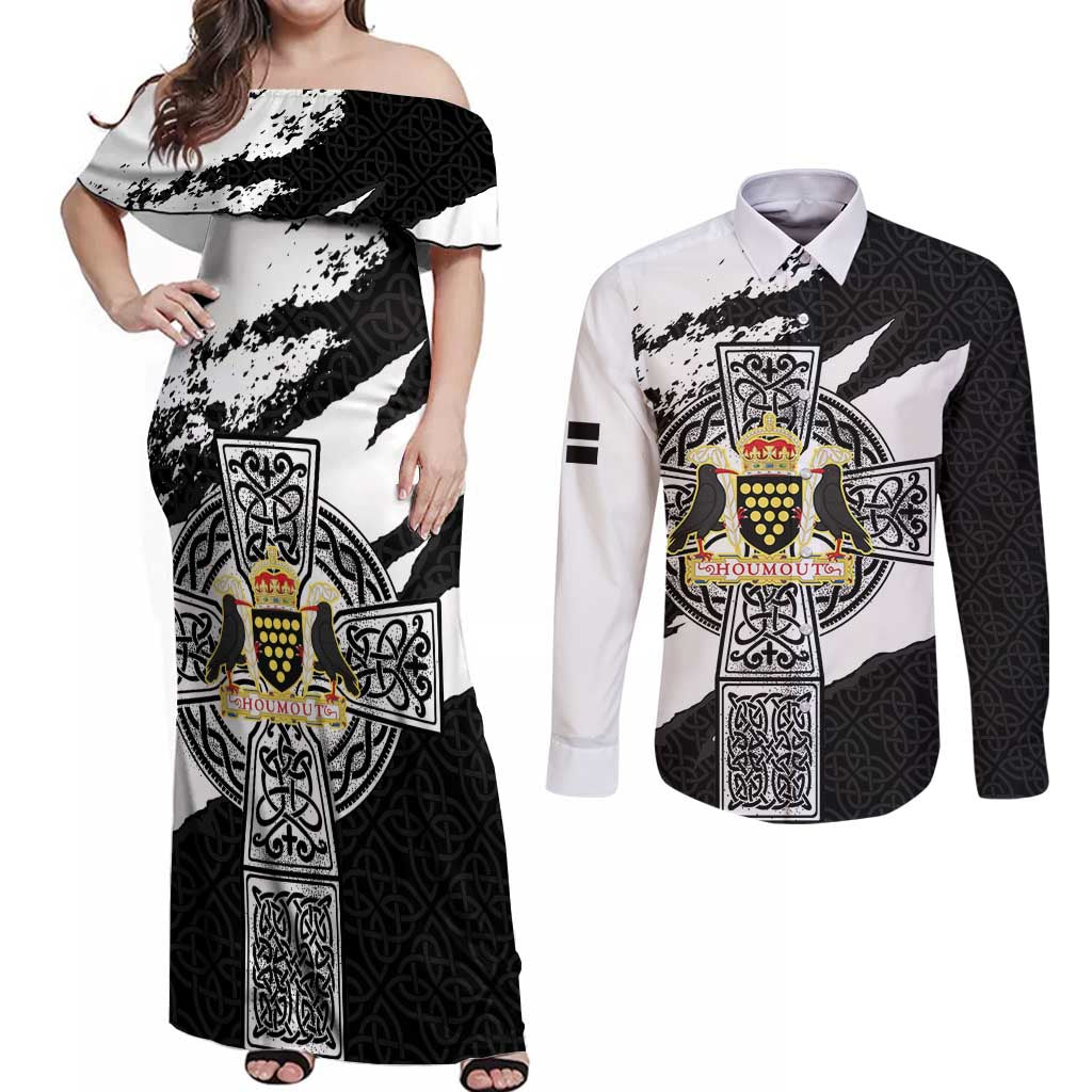 Cornwall Celtic Cross Couples Matching Off Shoulder Maxi Dress and Long Sleeve Button Shirt Coat Of Arms - Wonder Print Shop