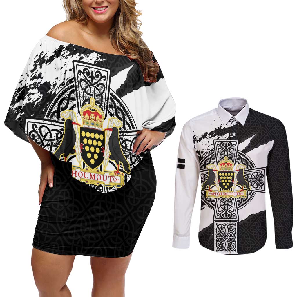 Cornwall Celtic Cross Couples Matching Off Shoulder Short Dress and Long Sleeve Button Shirt Coat Of Arms - Wonder Print Shop