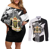 Cornwall Celtic Cross Couples Matching Off Shoulder Short Dress and Long Sleeve Button Shirt Coat Of Arms - Wonder Print Shop