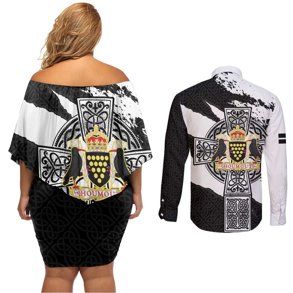 Cornwall Celtic Cross Couples Matching Off Shoulder Short Dress and Long Sleeve Button Shirt Coat Of Arms - Wonder Print Shop