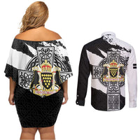 Cornwall Celtic Cross Couples Matching Off Shoulder Short Dress and Long Sleeve Button Shirt Coat Of Arms - Wonder Print Shop