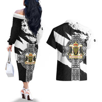 Cornwall Celtic Cross Couples Matching Off The Shoulder Long Sleeve Dress and Hawaiian Shirt Coat Of Arms - Wonder Print Shop