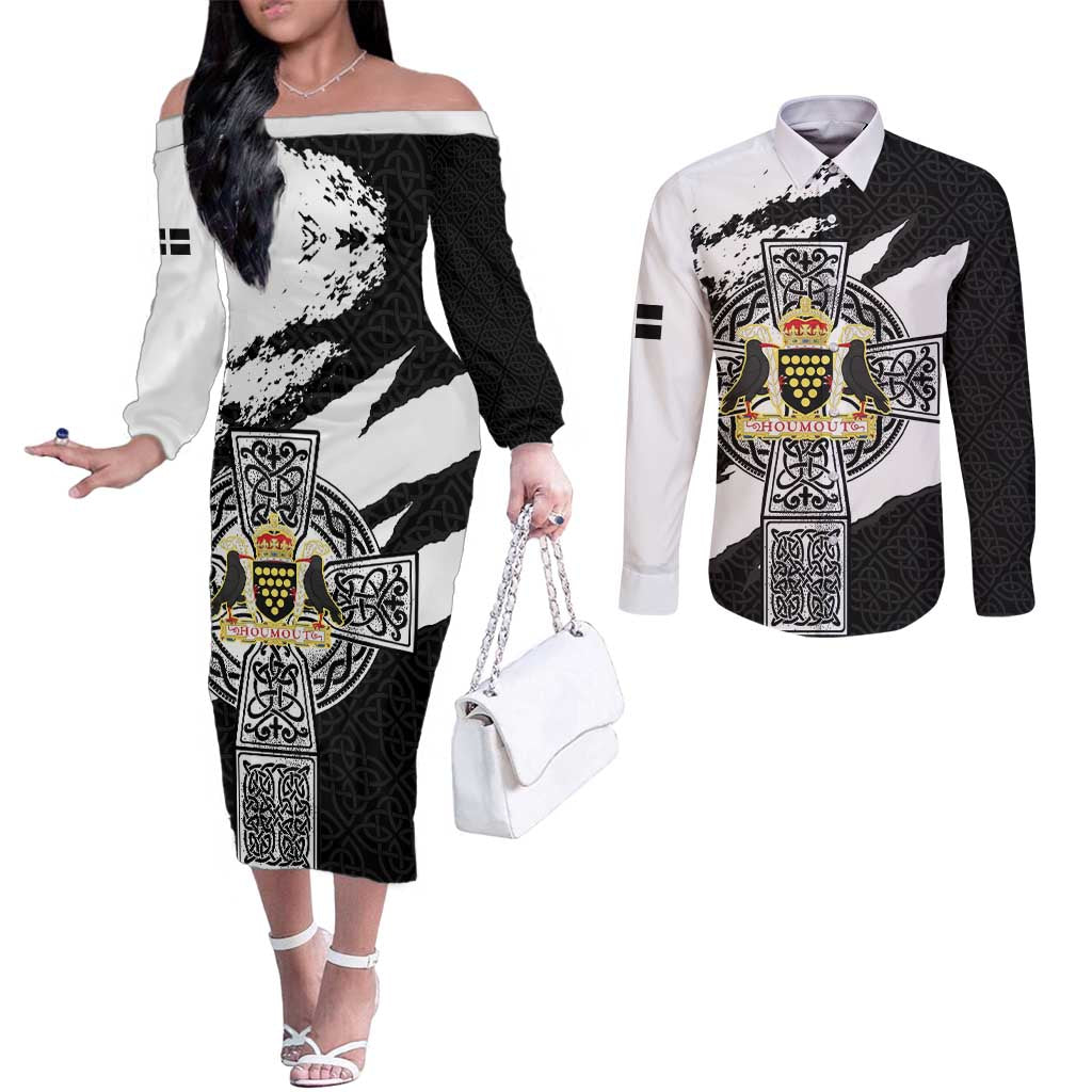 Cornwall Celtic Cross Couples Matching Off The Shoulder Long Sleeve Dress and Long Sleeve Button Shirt Coat Of Arms - Wonder Print Shop