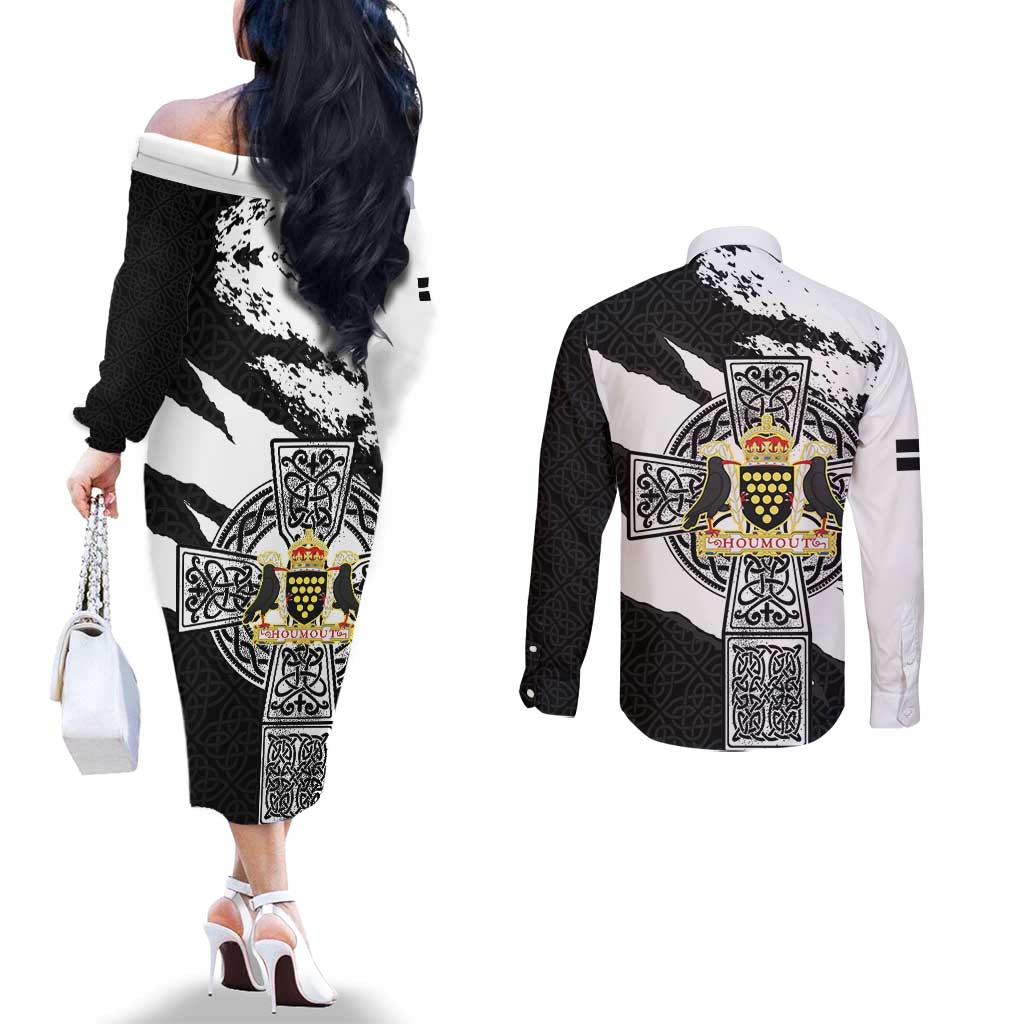 Cornwall Celtic Cross Couples Matching Off The Shoulder Long Sleeve Dress and Long Sleeve Button Shirt Coat Of Arms - Wonder Print Shop