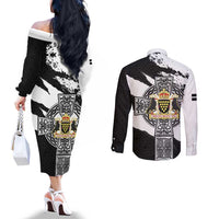 Cornwall Celtic Cross Couples Matching Off The Shoulder Long Sleeve Dress and Long Sleeve Button Shirt Coat Of Arms - Wonder Print Shop