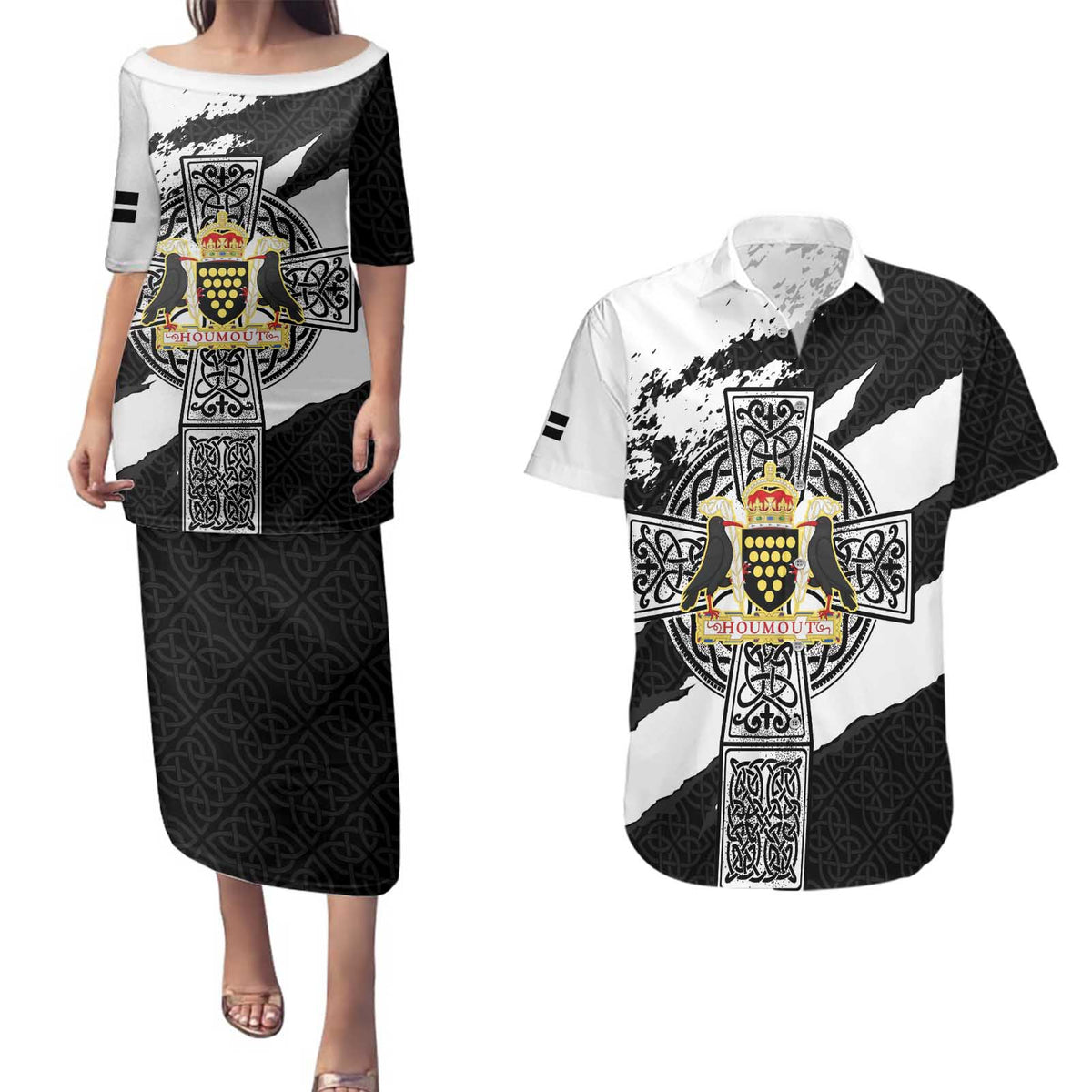 Cornwall Celtic Cross Couples Matching Puletasi and Hawaiian Shirt Coat Of Arms - Wonder Print Shop