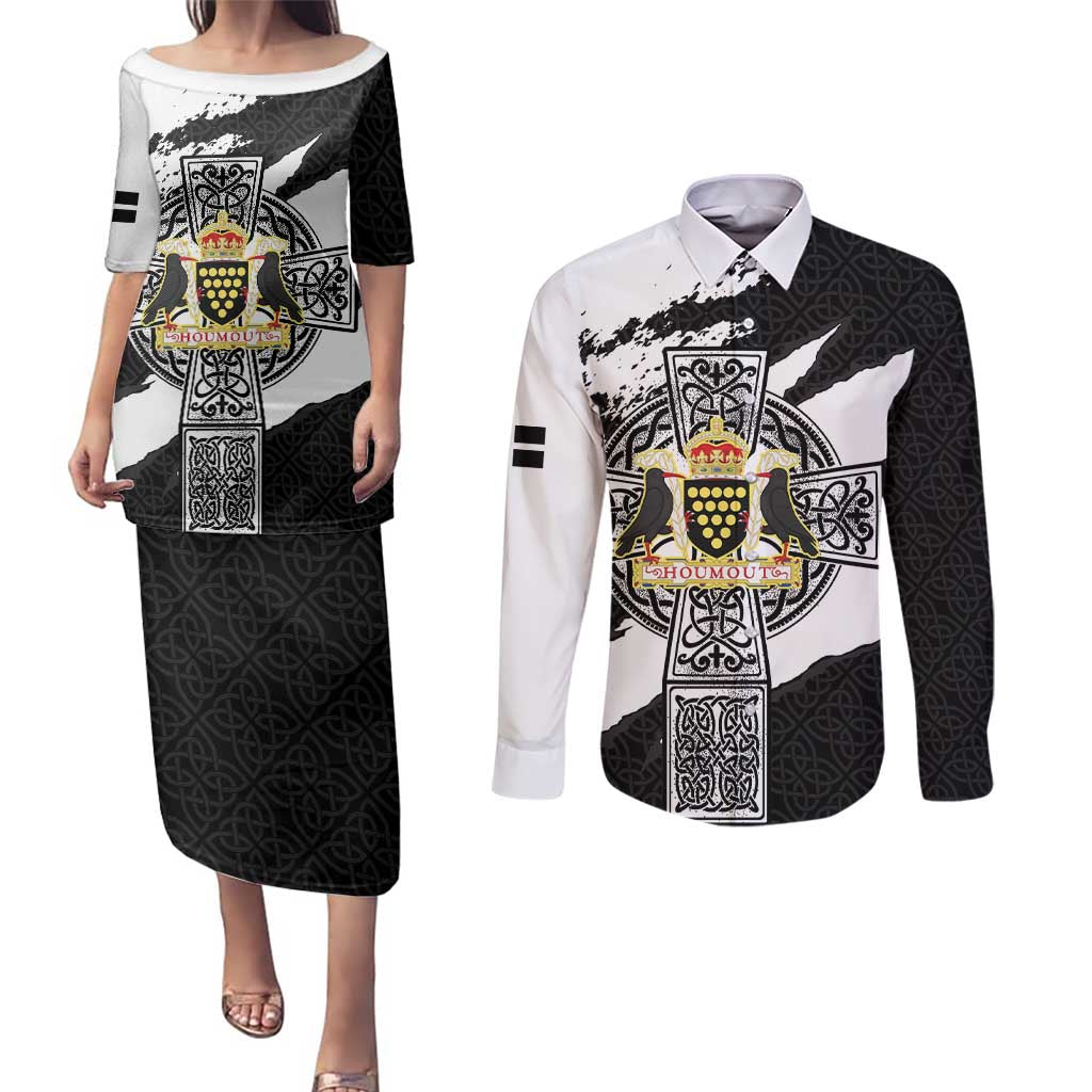Cornwall Celtic Cross Couples Matching Puletasi and Long Sleeve Button Shirt Coat Of Arms - Wonder Print Shop