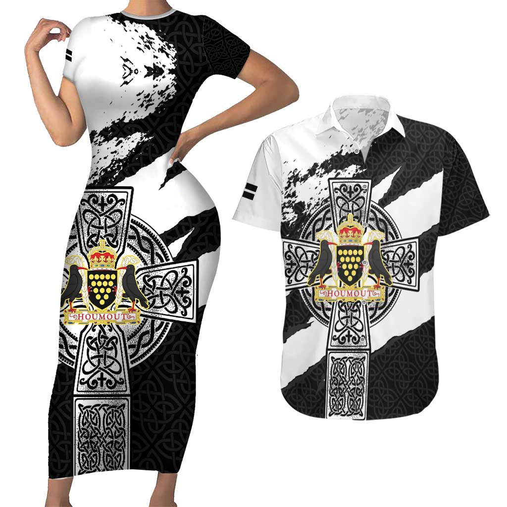 Cornwall Celtic Cross Couples Matching Short Sleeve Bodycon Dress and Hawaiian Shirt Coat Of Arms - Wonder Print Shop