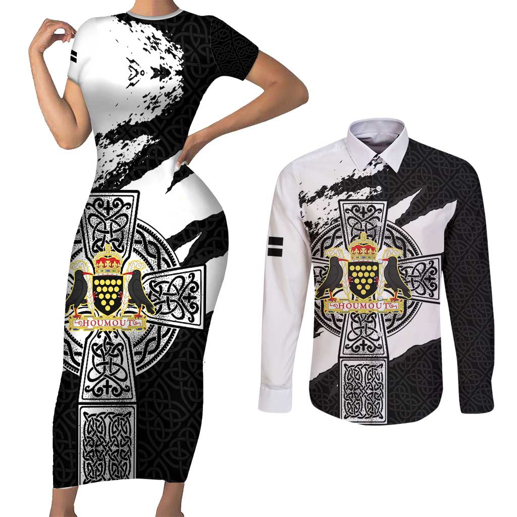 Cornwall Celtic Cross Couples Matching Short Sleeve Bodycon Dress and Long Sleeve Button Shirt Coat Of Arms - Wonder Print Shop