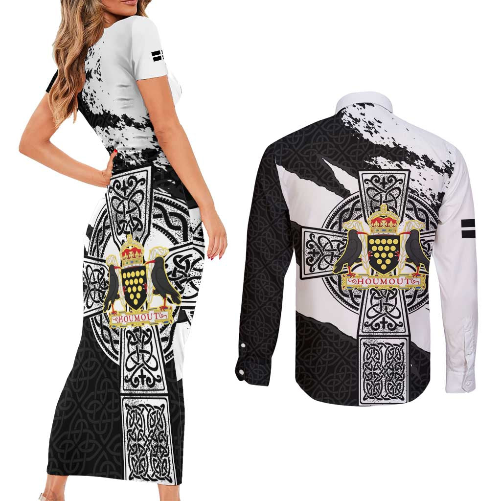 Cornwall Celtic Cross Couples Matching Short Sleeve Bodycon Dress and Long Sleeve Button Shirt Coat Of Arms - Wonder Print Shop