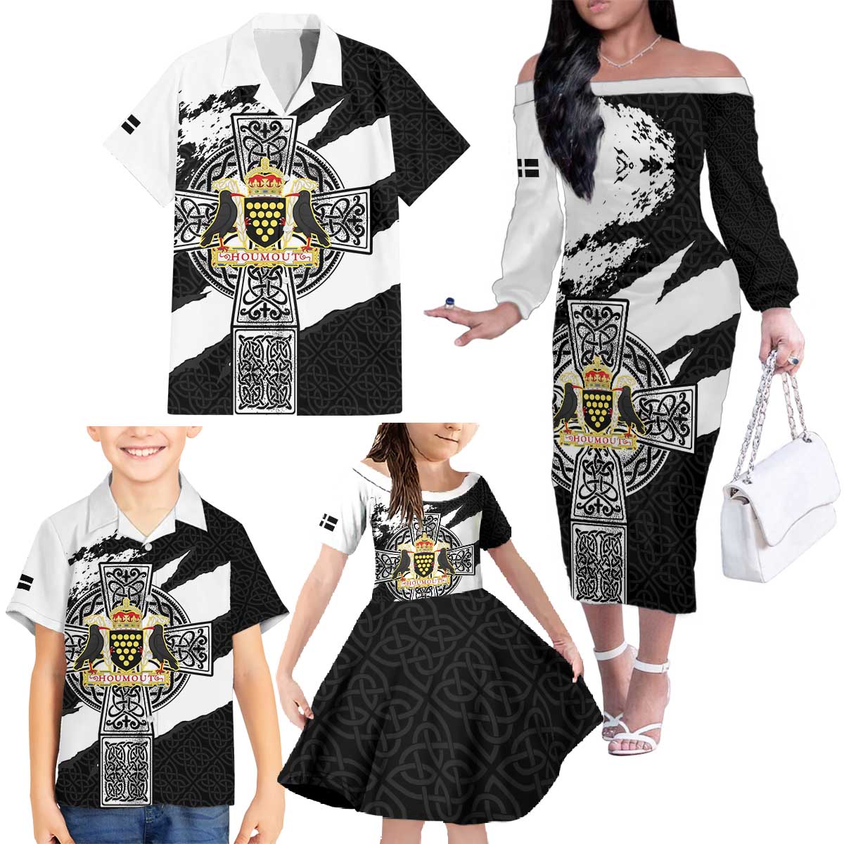 Cornwall Celtic Cross Family Matching Off The Shoulder Long Sleeve Dress and Hawaiian Shirt Coat Of Arms - Wonder Print Shop