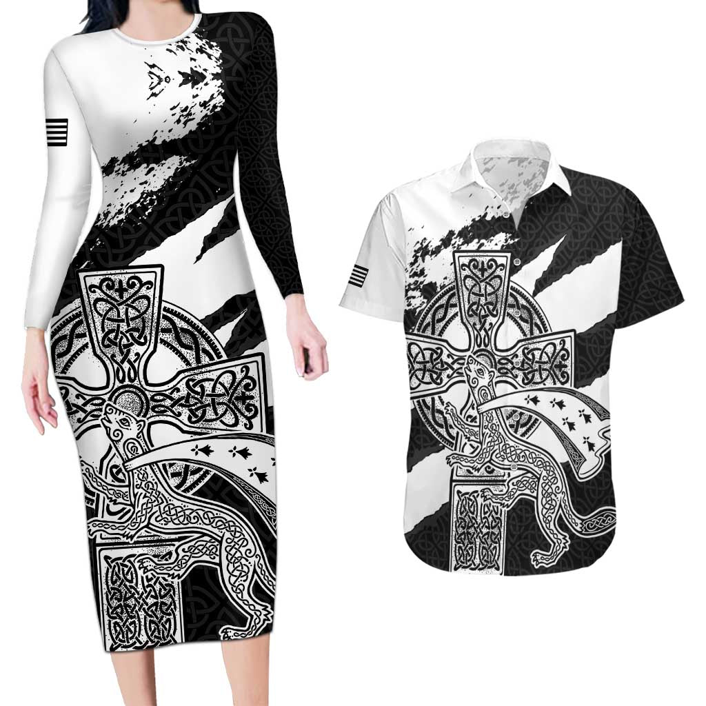 Brittany Celtic Cross Couples Matching Long Sleeve Bodycon Dress and Hawaiian Shirt Celtic Pattern - Wonder Print Shop