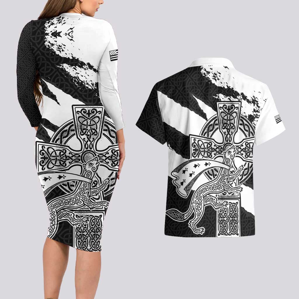 Brittany Celtic Cross Couples Matching Long Sleeve Bodycon Dress and Hawaiian Shirt Celtic Pattern - Wonder Print Shop