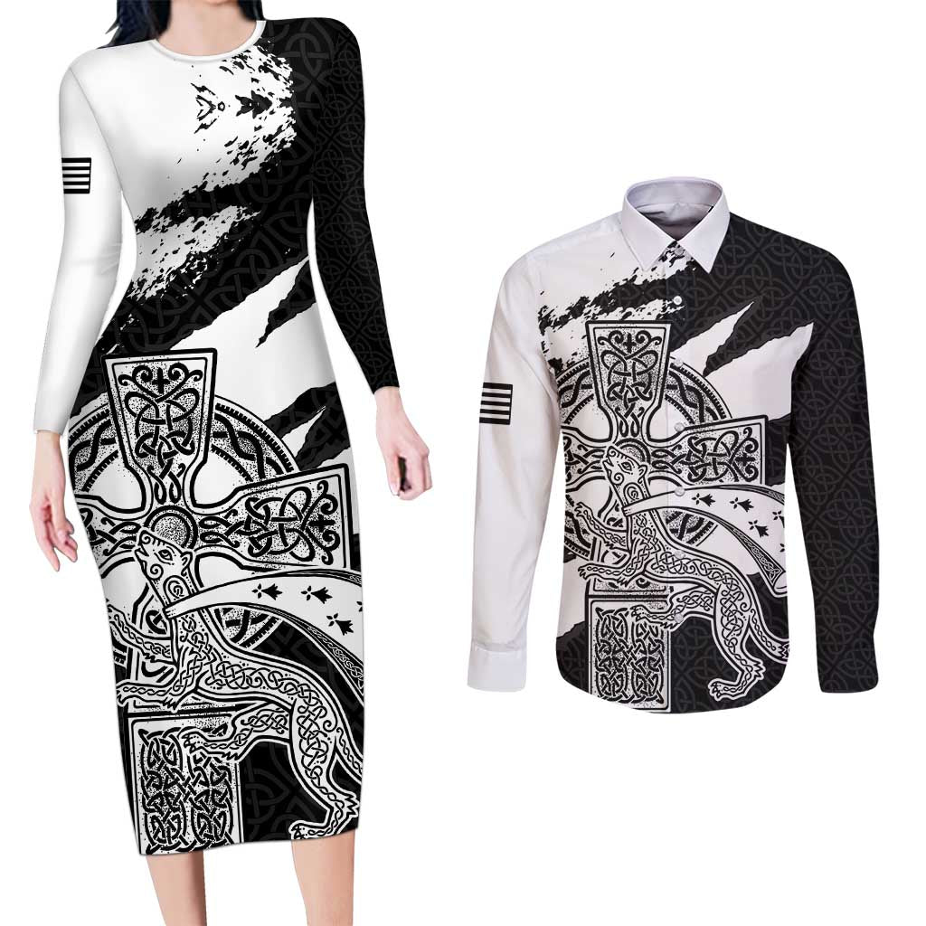 Brittany Celtic Cross Couples Matching Long Sleeve Bodycon Dress and Long Sleeve Button Shirt Celtic Pattern - Wonder Print Shop