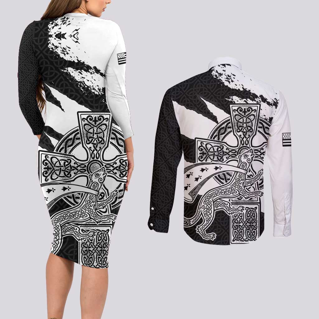 Brittany Celtic Cross Couples Matching Long Sleeve Bodycon Dress and Long Sleeve Button Shirt Celtic Pattern - Wonder Print Shop