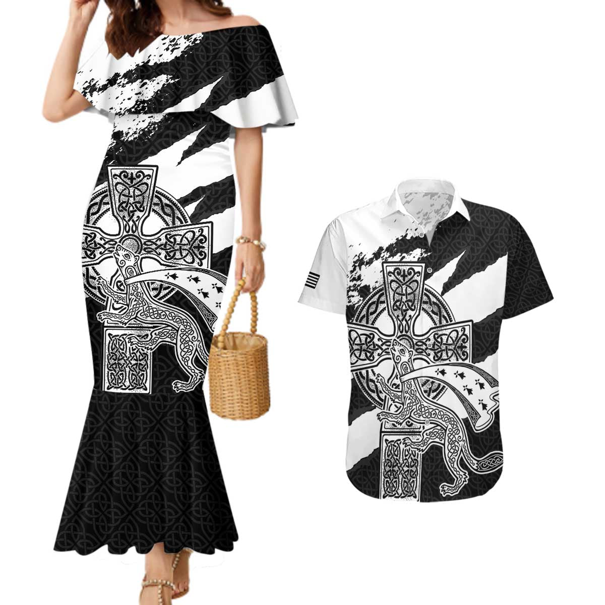 Brittany Celtic Cross Couples Matching Mermaid Dress and Hawaiian Shirt Celtic Pattern - Wonder Print Shop