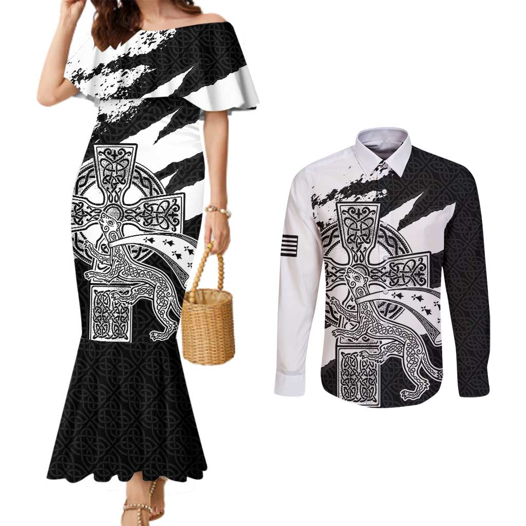Brittany Celtic Cross Couples Matching Mermaid Dress and Long Sleeve Button Shirt Celtic Pattern - Wonder Print Shop