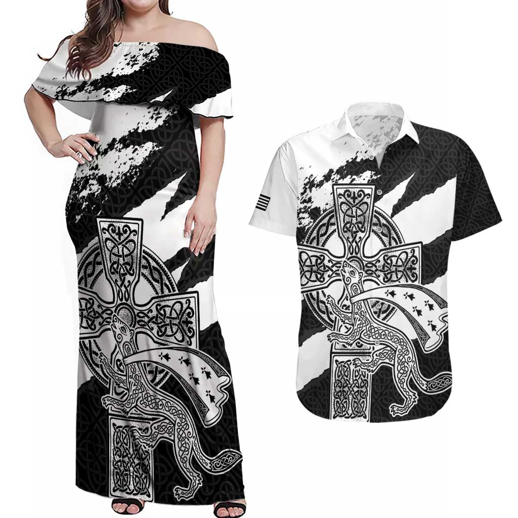Brittany Celtic Cross Couples Matching Off Shoulder Maxi Dress and Hawaiian Shirt Celtic Pattern - Wonder Print Shop