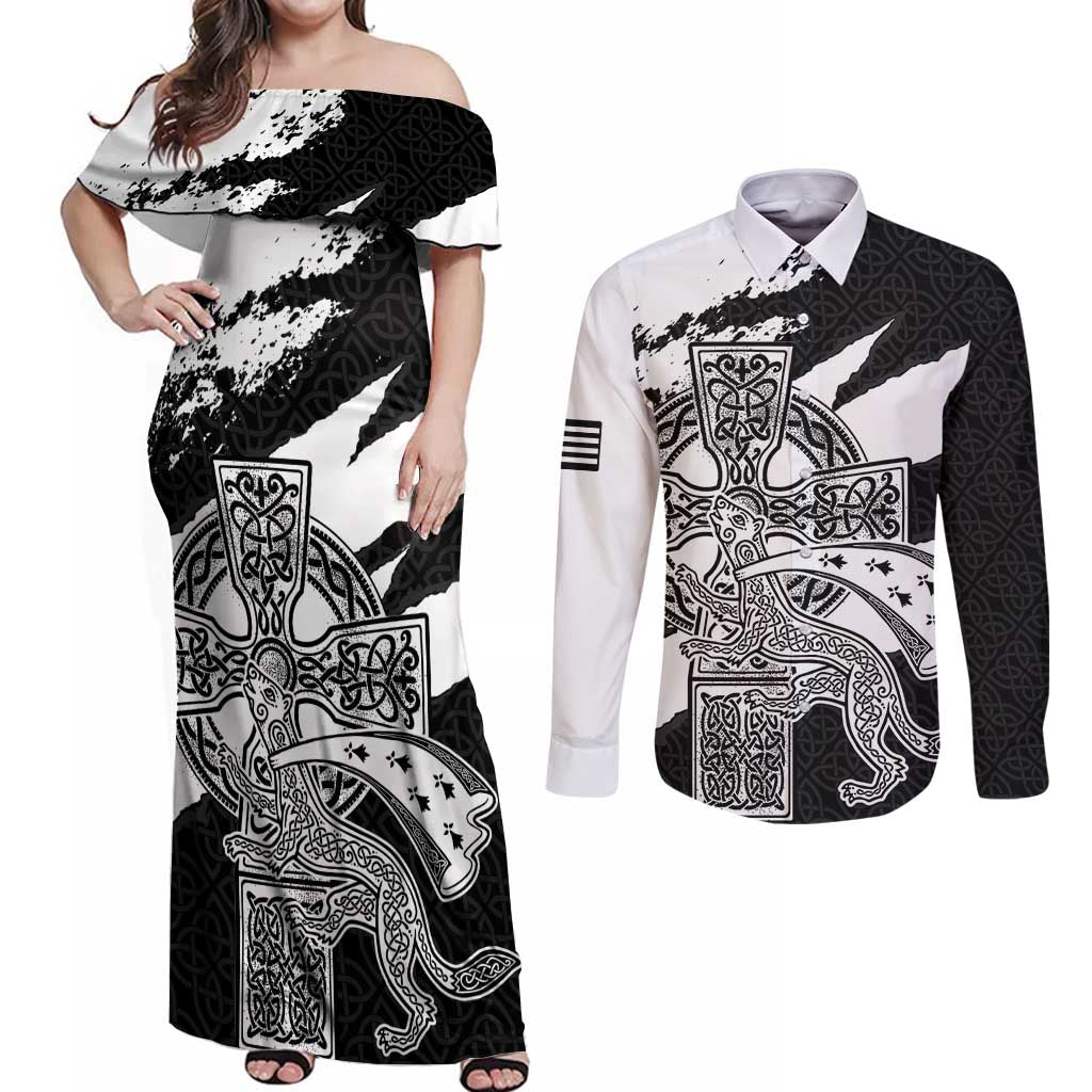 Brittany Celtic Cross Couples Matching Off Shoulder Maxi Dress and Long Sleeve Button Shirt Celtic Pattern - Wonder Print Shop
