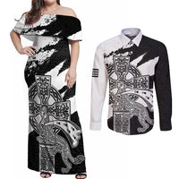 Brittany Celtic Cross Couples Matching Off Shoulder Maxi Dress and Long Sleeve Button Shirt Celtic Pattern - Wonder Print Shop