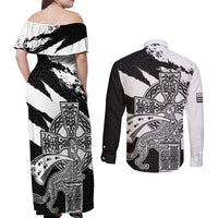 Brittany Celtic Cross Couples Matching Off Shoulder Maxi Dress and Long Sleeve Button Shirt Celtic Pattern - Wonder Print Shop