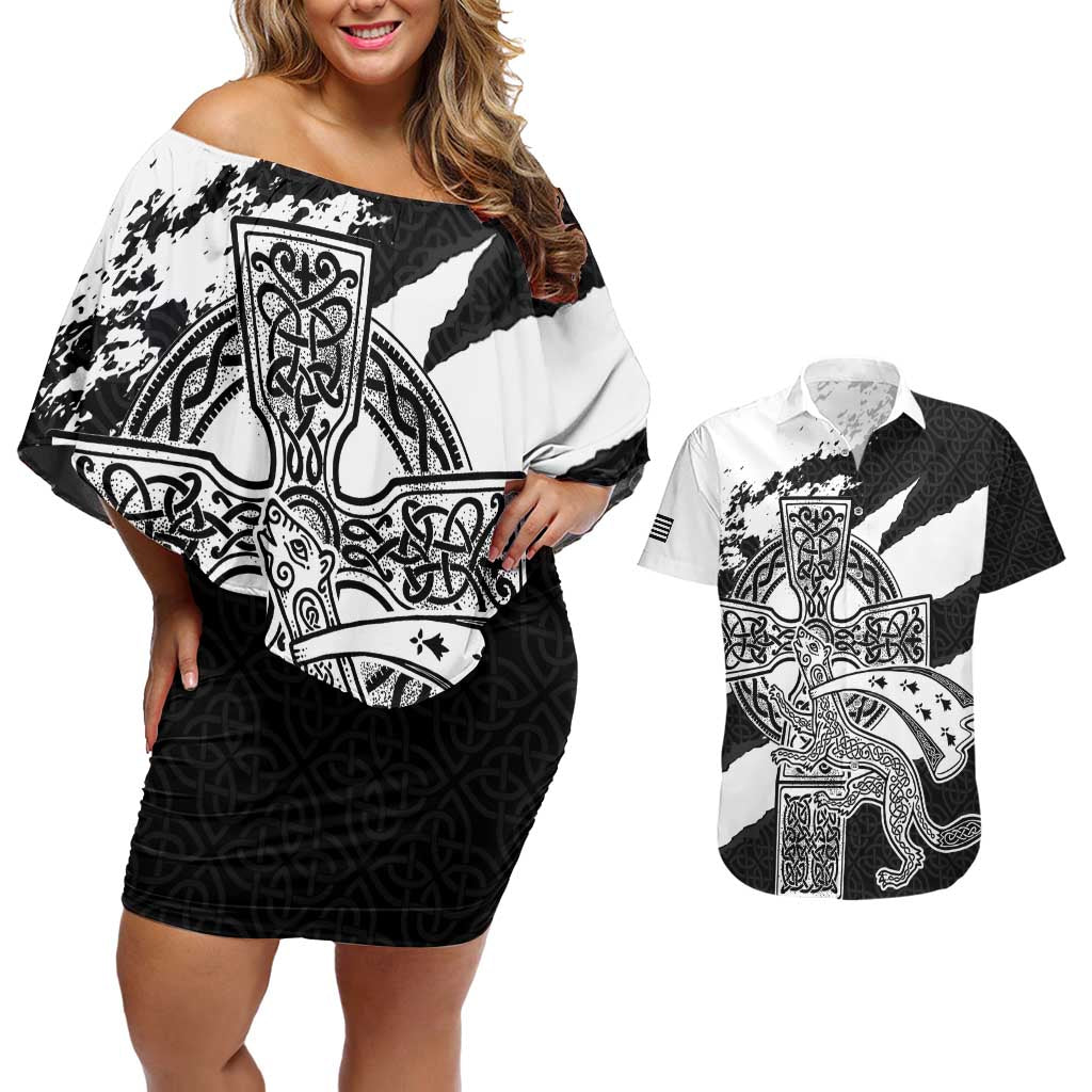 Brittany Celtic Cross Couples Matching Off Shoulder Short Dress and Hawaiian Shirt Celtic Pattern - Wonder Print Shop