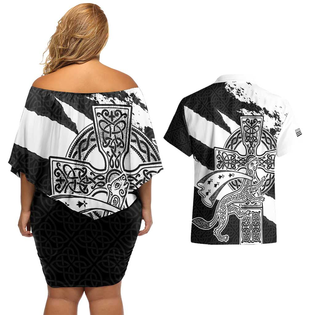 Brittany Celtic Cross Couples Matching Off Shoulder Short Dress and Hawaiian Shirt Celtic Pattern - Wonder Print Shop