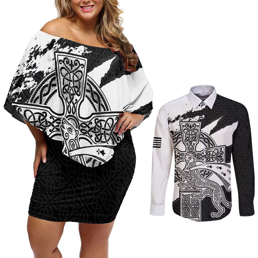 Brittany Celtic Cross Couples Matching Off Shoulder Short Dress and Long Sleeve Button Shirt Celtic Pattern - Wonder Print Shop