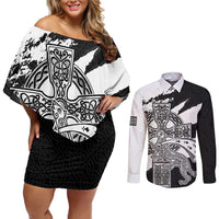 Brittany Celtic Cross Couples Matching Off Shoulder Short Dress and Long Sleeve Button Shirt Celtic Pattern - Wonder Print Shop