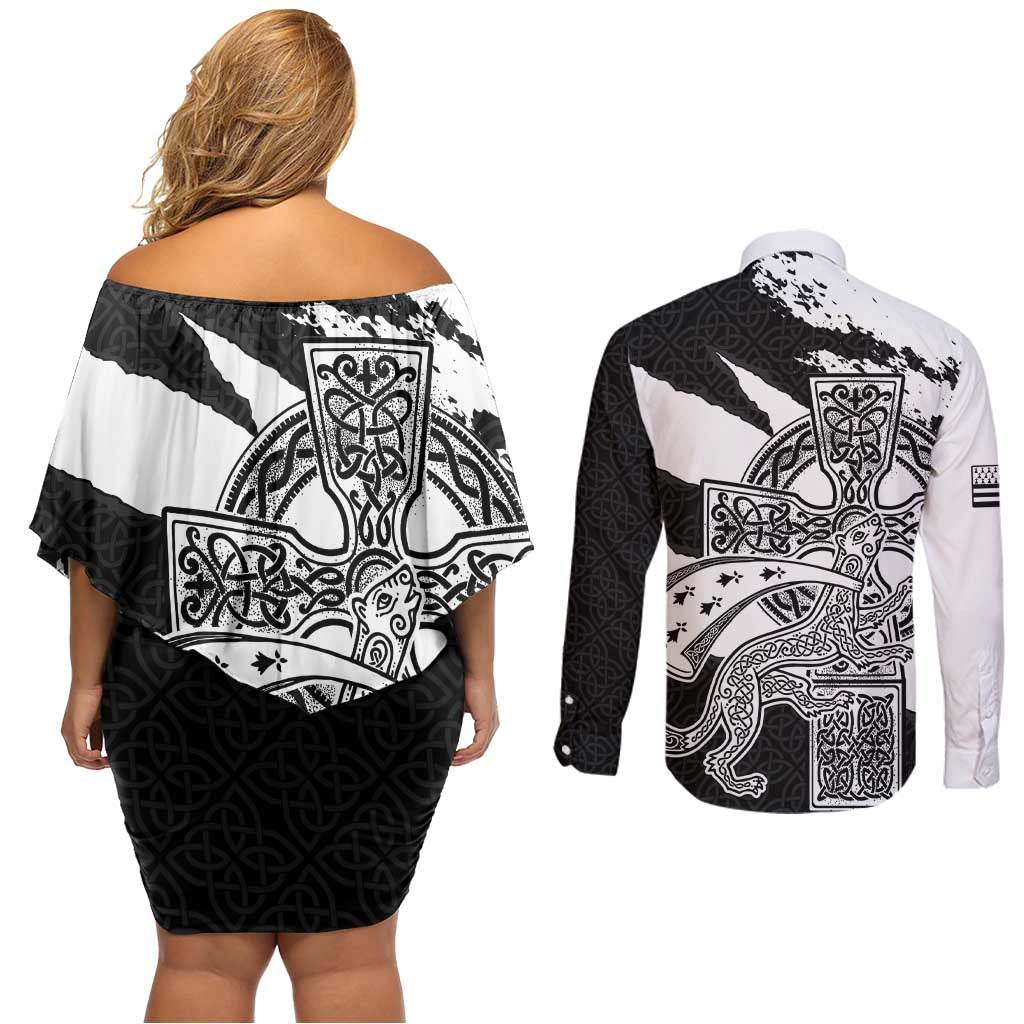Brittany Celtic Cross Couples Matching Off Shoulder Short Dress and Long Sleeve Button Shirt Celtic Pattern - Wonder Print Shop