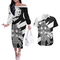 Brittany Celtic Cross Couples Matching Off The Shoulder Long Sleeve Dress and Hawaiian Shirt Celtic Pattern - Wonder Print Shop