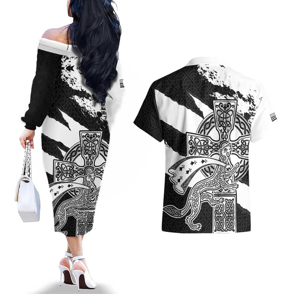 Brittany Celtic Cross Couples Matching Off The Shoulder Long Sleeve Dress and Hawaiian Shirt Celtic Pattern - Wonder Print Shop